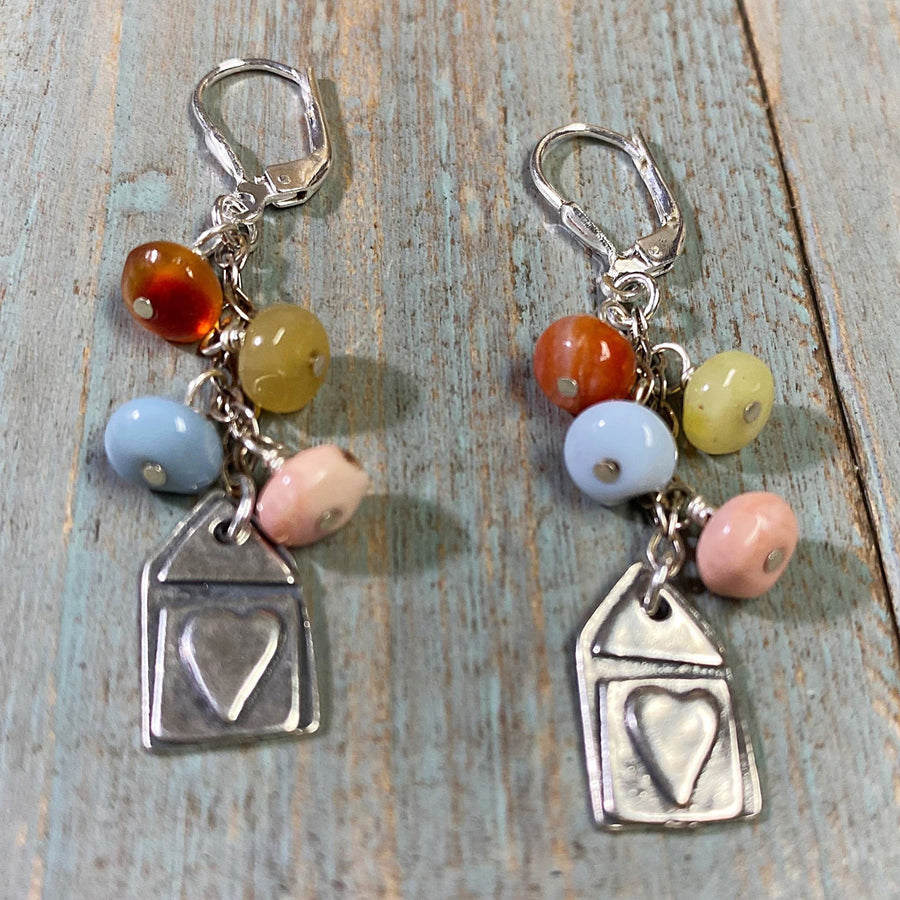 Artisan Sterling Silver Petal & mixed color Peruvian Opal beads with Sterling Earwires Drop Dangle Earrings Beautiful Bali Silver Stamped