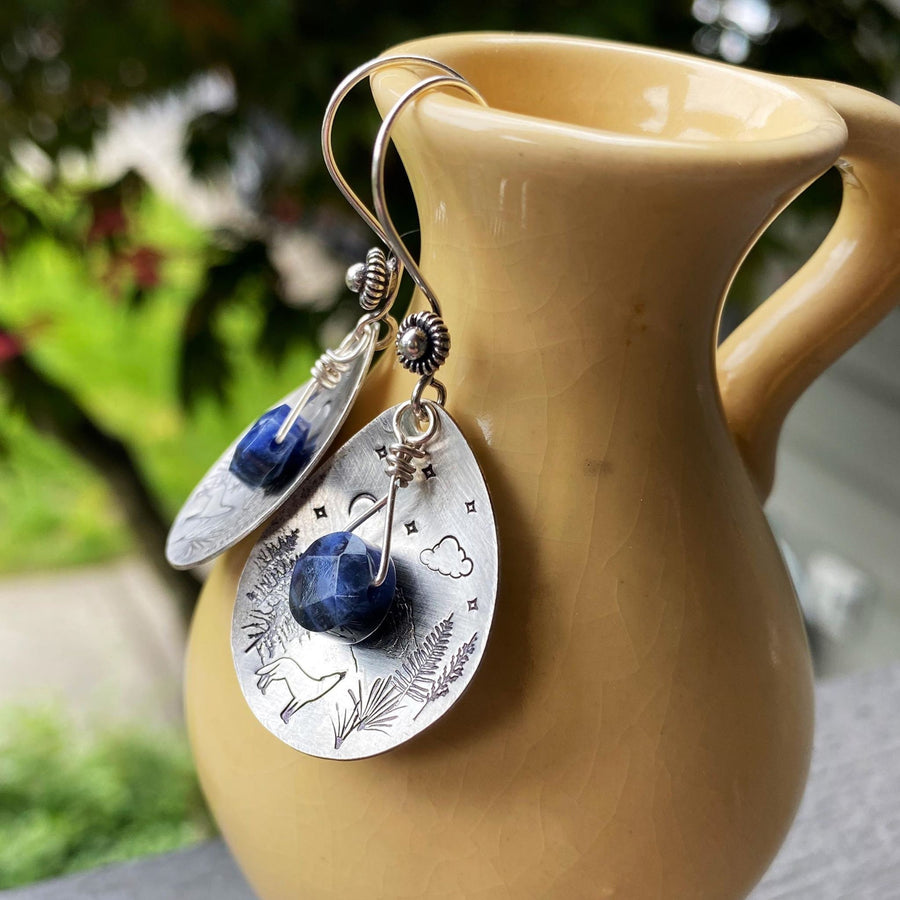 Artisan Sterling Silver Petal & Deep Blue Sodalite Wilderness scene - Sterling Earwires Drop Dangle Earrings Beautiful Bali Silver Stamped