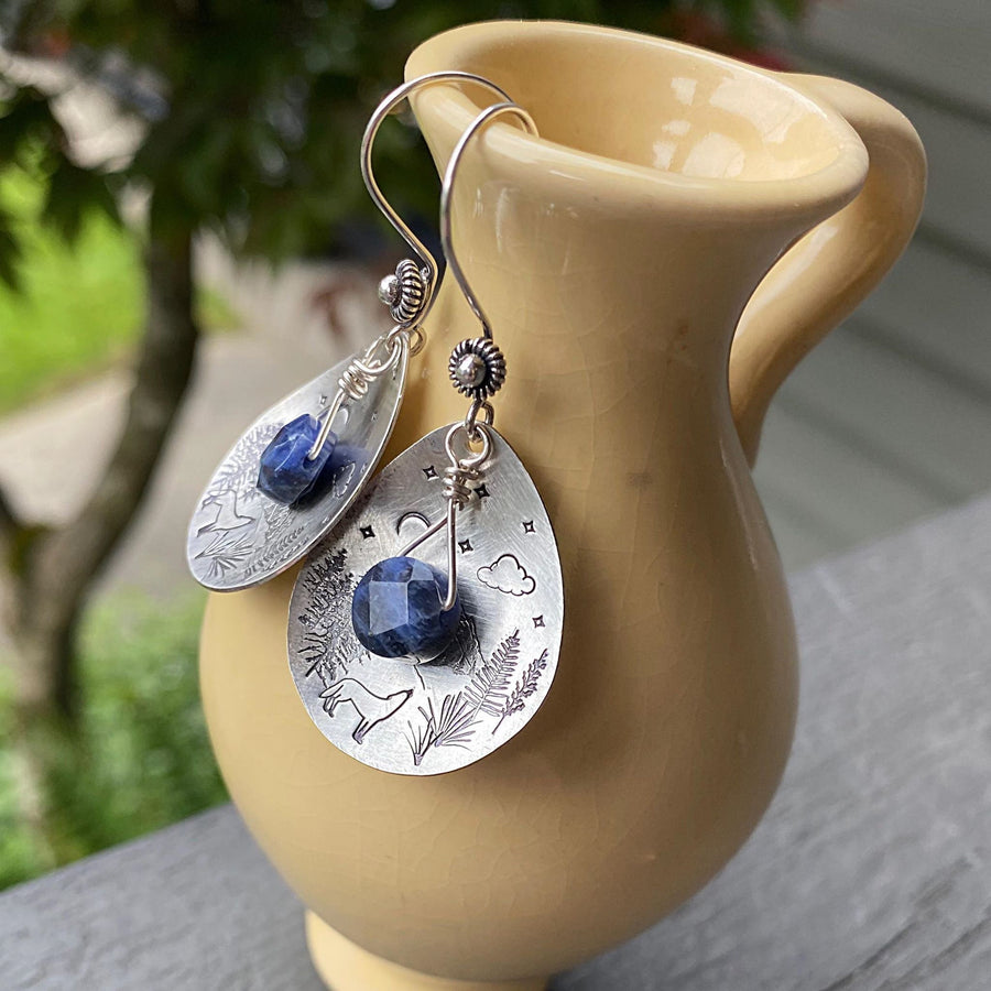 Artisan Sterling Silver Petal & Deep Blue Sodalite Wilderness scene - Sterling Earwires Drop Dangle Earrings Beautiful Bali Silver Stamped