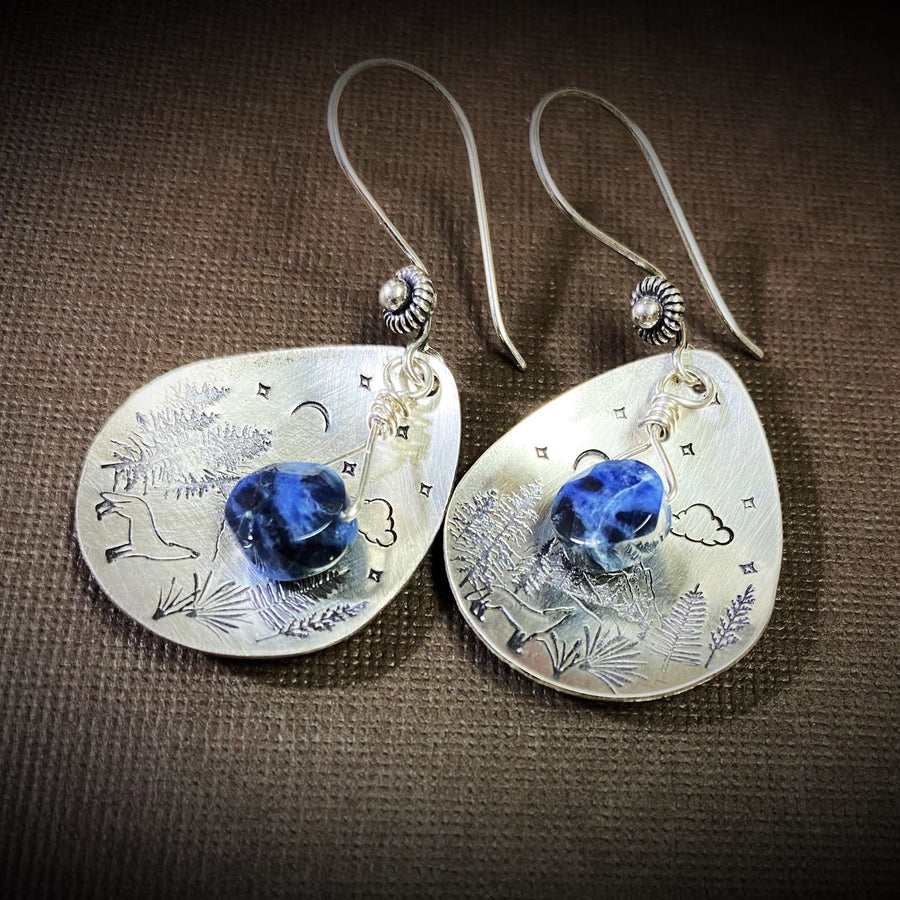 Artisan Sterling Silver Petal & Deep Blue Sodalite Wilderness scene - Sterling Earwires Drop Dangle Earrings Beautiful Bali Silver Stamped