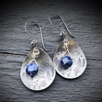 Artisan Sterling Silver Petal & Deep Blue Sodalite Wilderness scene - Sterling Earwires Drop Dangle Earrings Beautiful Bali Silver Stamped