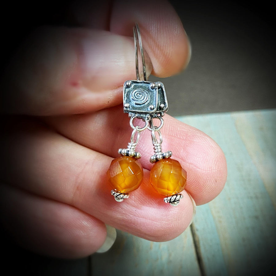 Artisan Sterling Silver & Carnelian Earrings with Sterling Earwires, Carnelian Earrings, Beautiful Faceted Orange Umber with Bali Silver