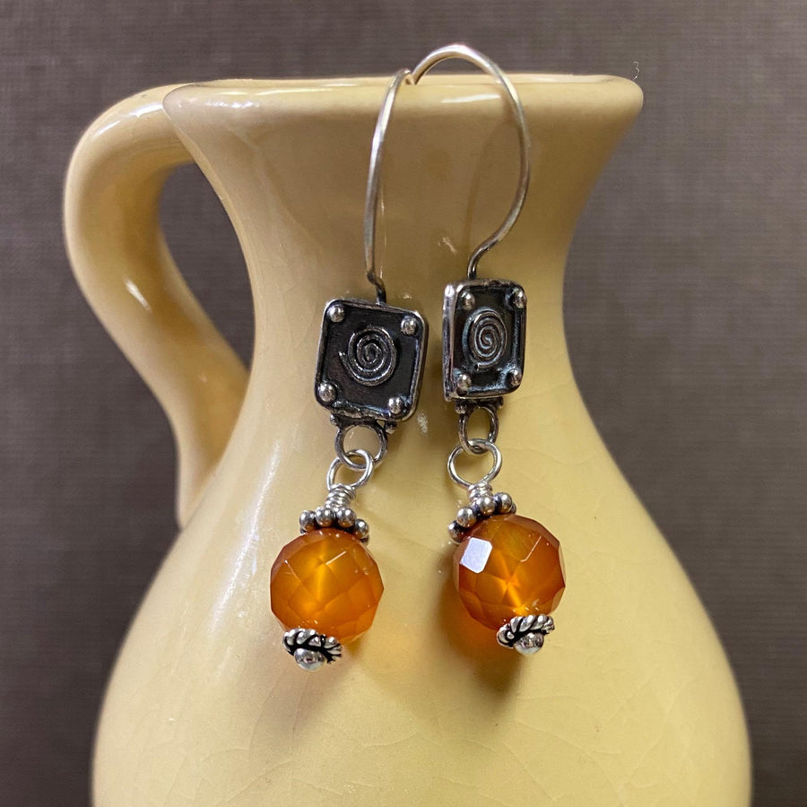 Artisan Sterling Silver & Carnelian Earrings with Sterling Earwires, Carnelian Earrings, Beautiful Faceted Orange Umber with Bali Silver