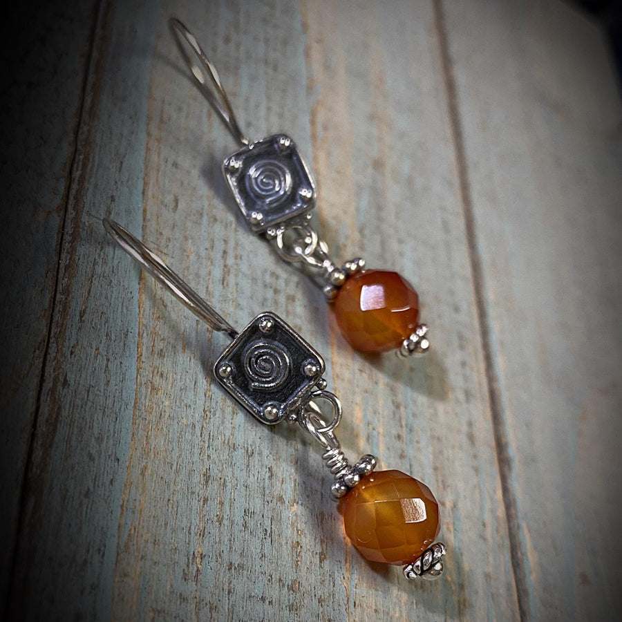 Artisan Sterling Silver & Carnelian Earrings with Sterling Earwires, Carnelian Earrings, Beautiful Faceted Orange Umber with Bali Silver