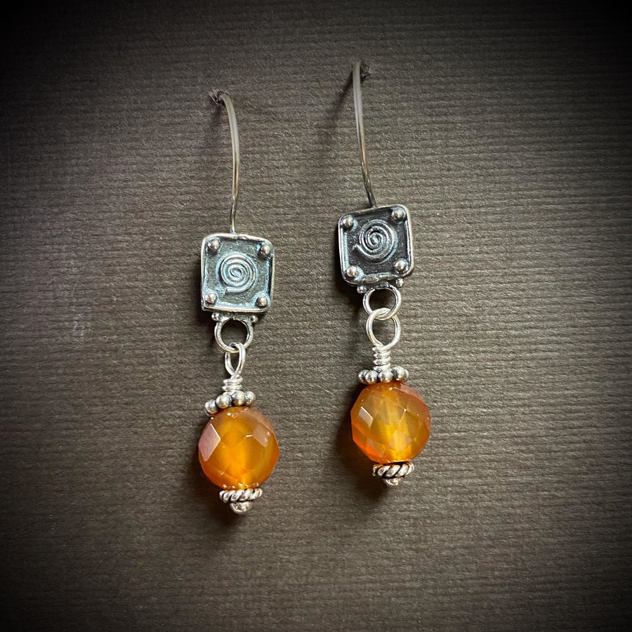 Artisan Sterling Silver & Carnelian Earrings with Sterling Earwires, Carnelian Earrings, Beautiful Faceted Orange Umber with Bali Silver