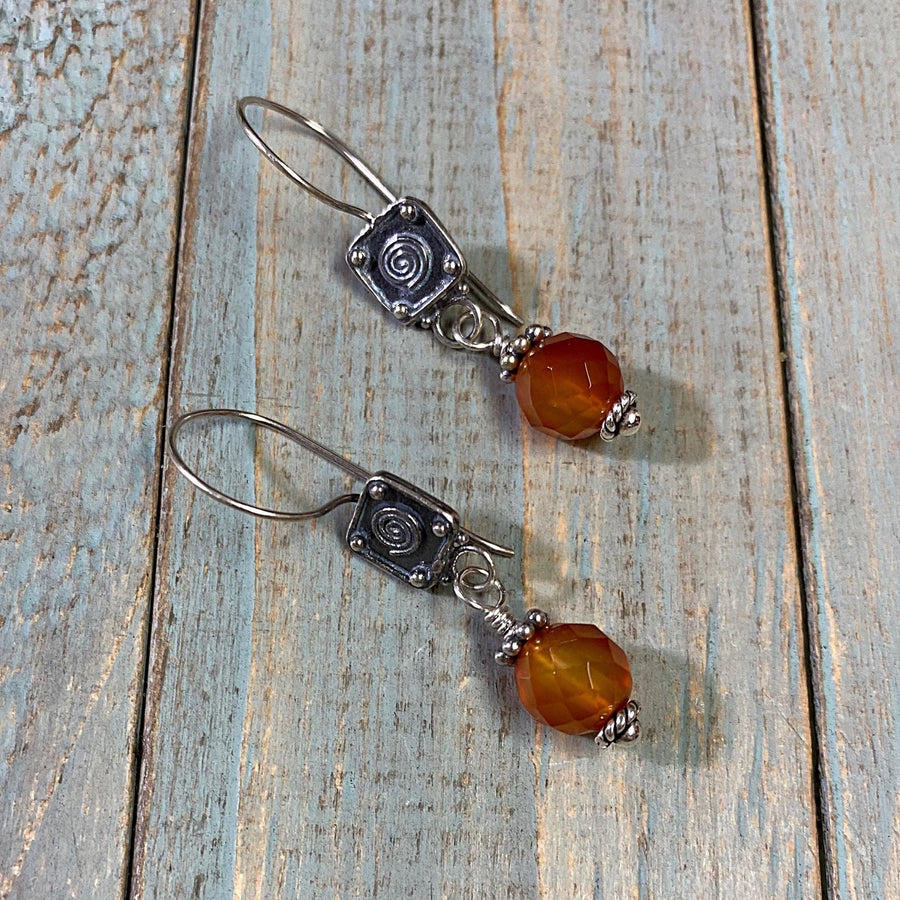 Artisan Sterling Silver & Carnelian Earrings with Sterling Earwires, Carnelian Earrings, Beautiful Faceted Orange Umber with Bali Silver