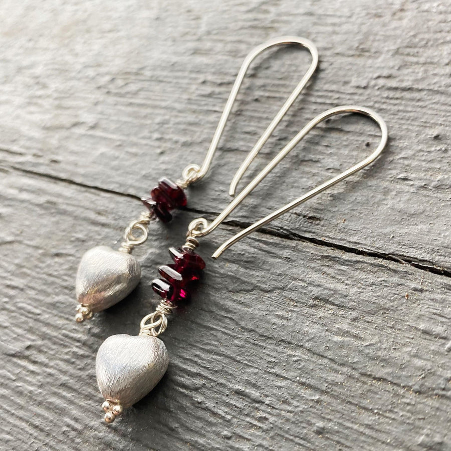 Artisan Sterling Silver Long Stiletto Heart Earrings, with Genuine Garnet, Faceted Gemstone Earwire Ear Wire Heart Earrings, Valentine Gift