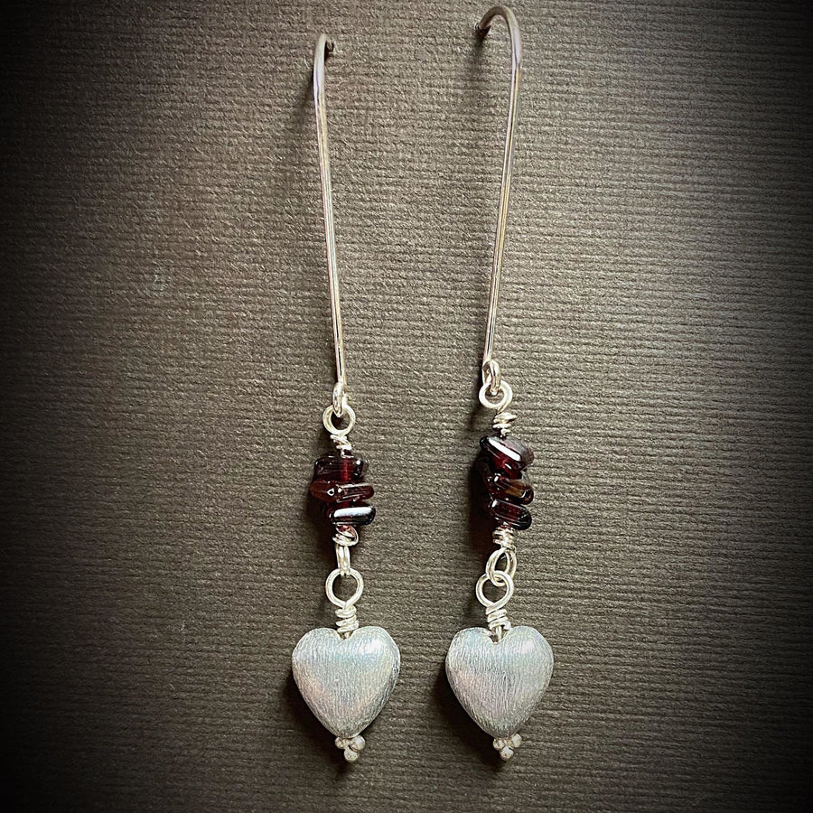 Artisan Sterling Silver Long Stiletto Heart Earrings, with Genuine Garnet, Faceted Gemstone Earwire Ear Wire Heart Earrings, Valentine Gift