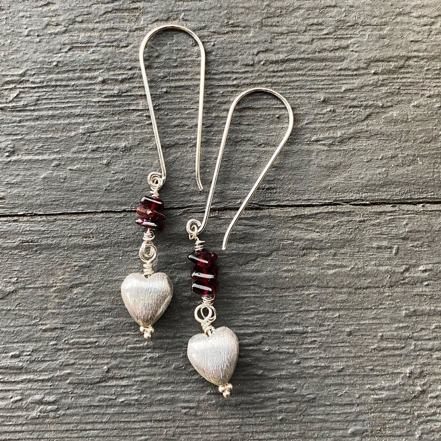 Artisan Sterling Silver Long Stiletto Heart Earrings, with Genuine Garnet, Faceted Gemstone Earwire Ear Wire Heart Earrings, Valentine Gift