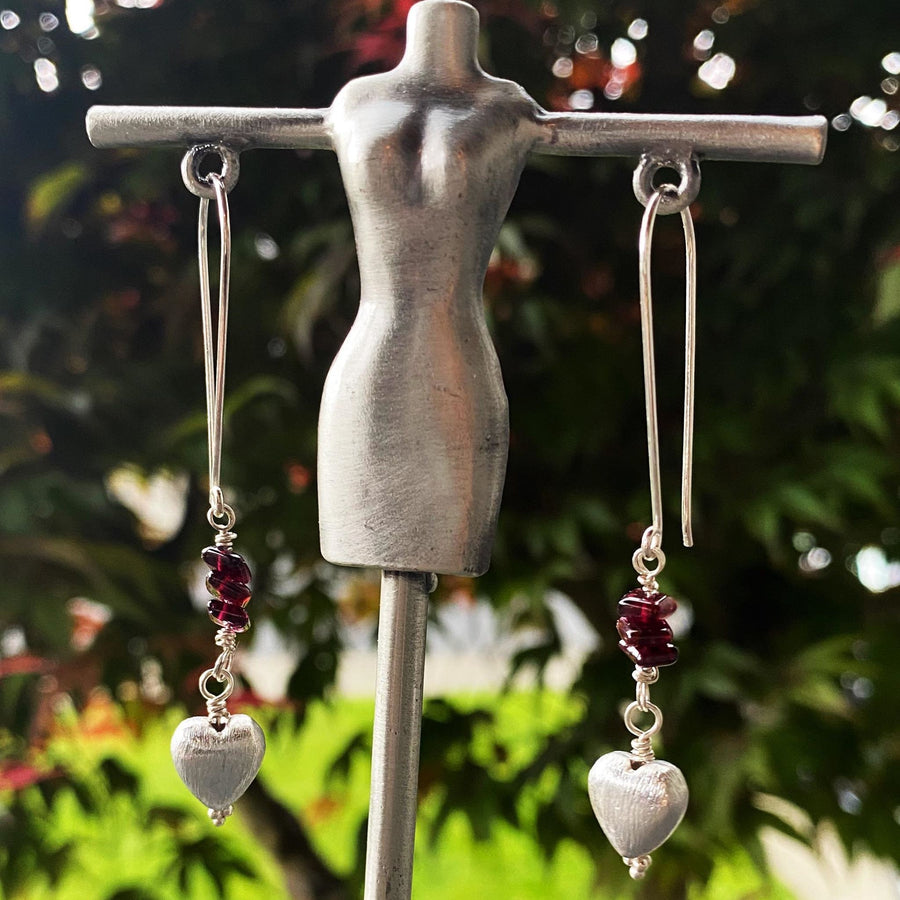 Artisan Sterling Silver Long Stiletto Heart Earrings, with Genuine Garnet, Faceted Gemstone Earwire Ear Wire Heart Earrings, Valentine Gift