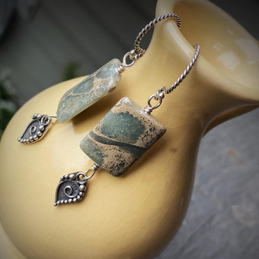 Artisan Sterling Silver & Impression Jasper Earrings, Antiqued Silver Accents, Unusual, Breathtaking, Seafoam Green Blue, Statement Earrings