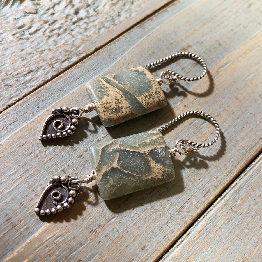 Artisan Sterling Silver & Impression Jasper Earrings, Antiqued Silver Accents, Unusual, Breathtaking, Seafoam Green Blue, Statement Earrings