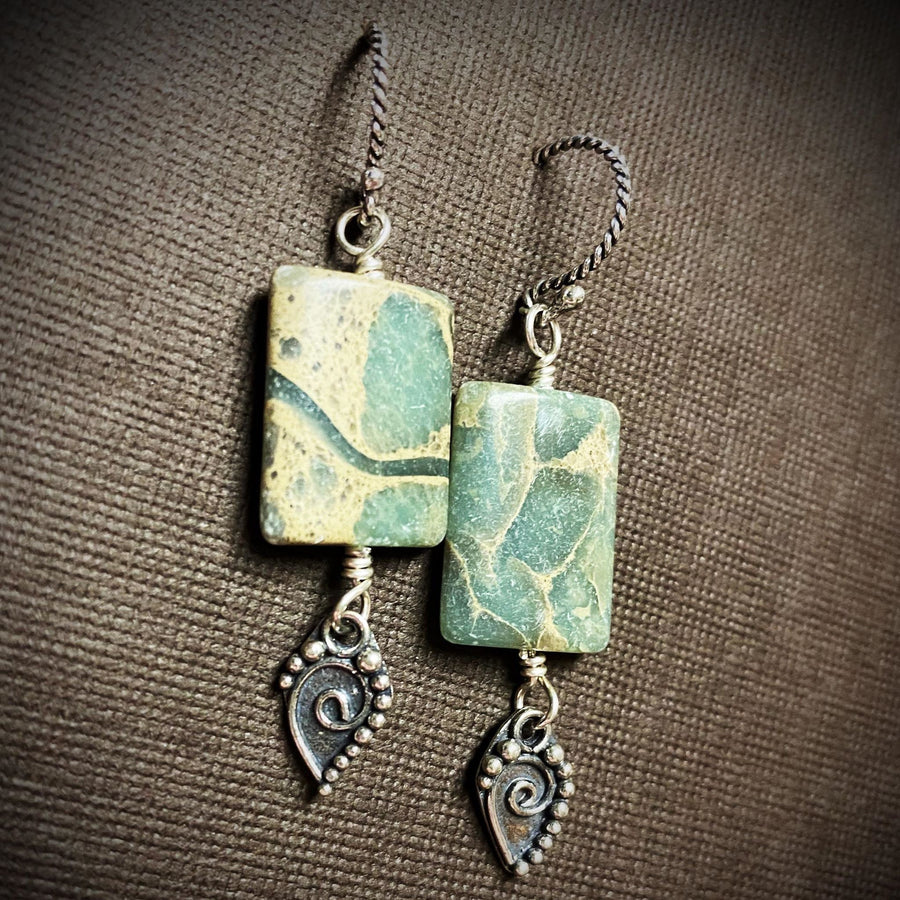 Artisan Sterling Silver & Impression Jasper Earrings, Antiqued Silver Accents, Unusual, Breathtaking, Seafoam Green Blue, Statement Earrings