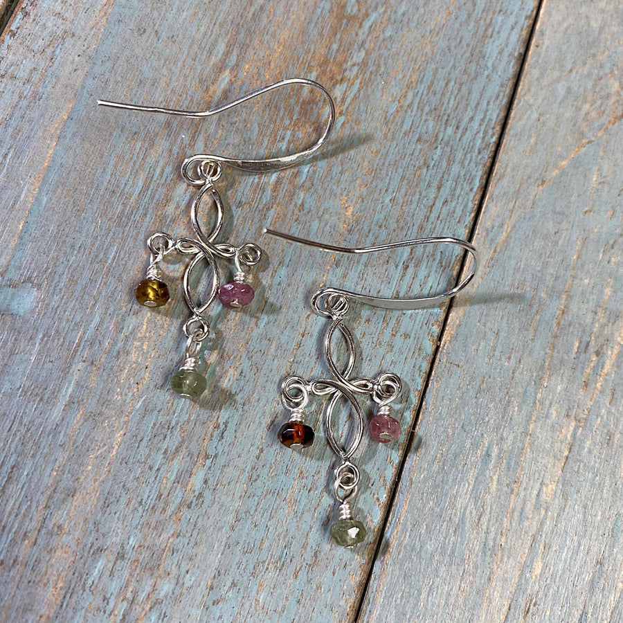 Artisan Sterling Silver and Gemstone delicate cross minimalist earrings, Multicolor Tourmaline, pink, amber, green