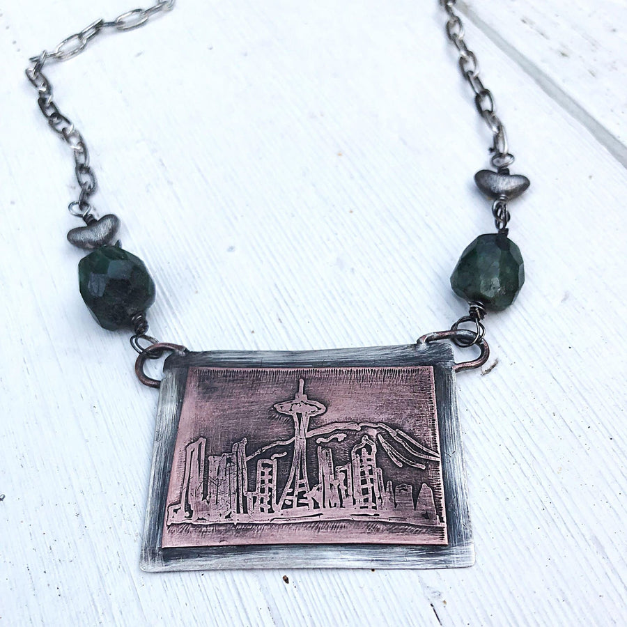 Artisan Sterling Silver and Etched Copper Necklace Pendant, Seattle Skyline, The Emerald City, Metalsmith, Mixed Metal, Washington, Rainier