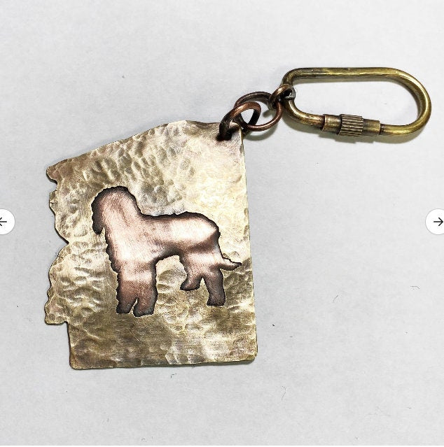 Custom Order for Thomas N - Artisan Hammered Brass and Copper Hand-Sawn Layered Rustic Labradoodle Inside of a State Shape Keychains (2)