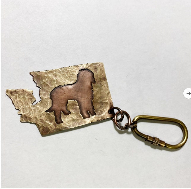 Custom Order for Thomas N - Artisan Hammered Brass and Copper Hand-Sawn Layered Rustic Labradoodle Inside of a State Shape Keychains (2)