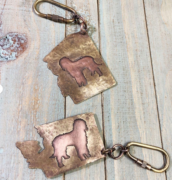 Custom Order for Thomas N - Artisan Hammered Brass and Copper Hand-Sawn Layered Rustic Labradoodle Inside of a State Shape Keychains (2)