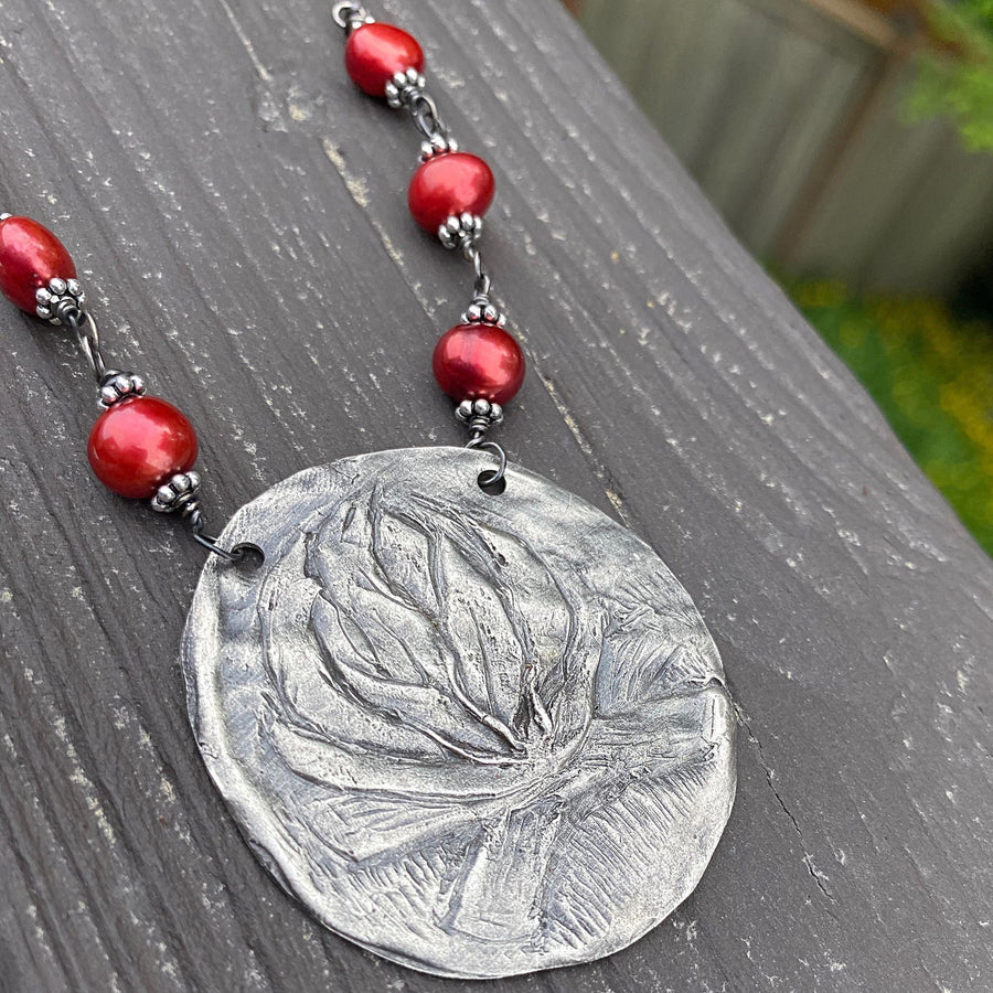 Find Your Fire - Rustic Fine Silver Fire or Campfire Pendant, Camp Fire, hand carved, Metal Clay, Red Pearls and Recycled Silver