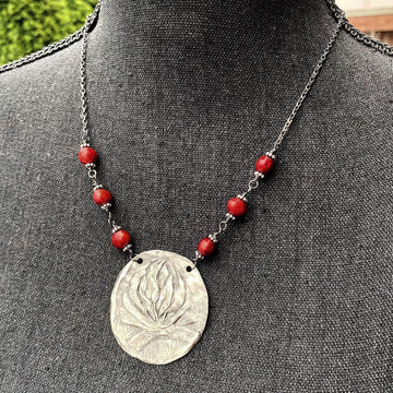 Find Your Fire - Rustic Fine Silver Fire or Campfire Pendant, Camp Fire, hand carved, Metal Clay, Red Pearls and Recycled Silver