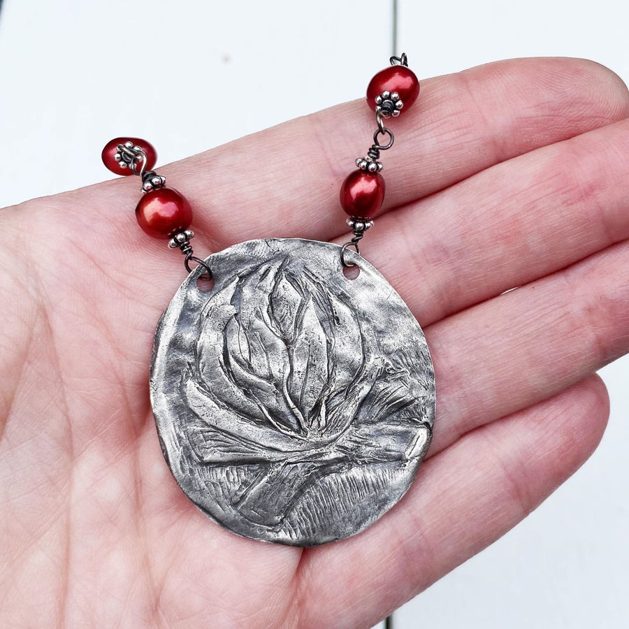 Find Your Fire - Rustic Fine Silver Fire or Campfire Pendant, Camp Fire, hand carved, Metal Clay, Red Pearls and Recycled Silver