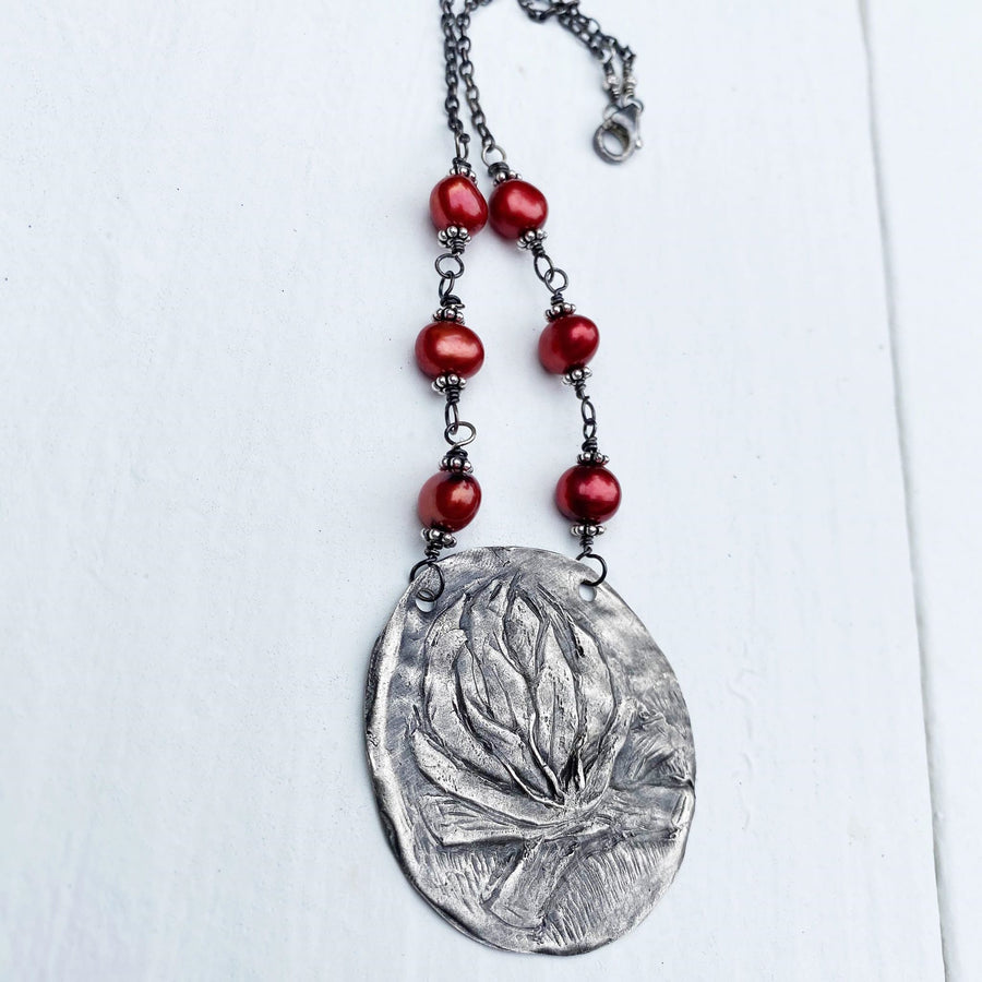 Find Your Fire - Rustic Fine Silver Fire or Campfire Pendant, Camp Fire, hand carved, Metal Clay, Red Pearls and Recycled Silver