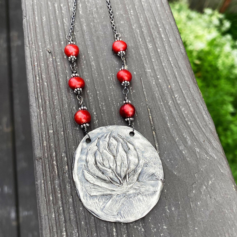 Find Your Fire - Rustic Fine Silver Fire or Campfire Pendant, Camp Fire, hand carved, Metal Clay, Red Pearls and Recycled Silver