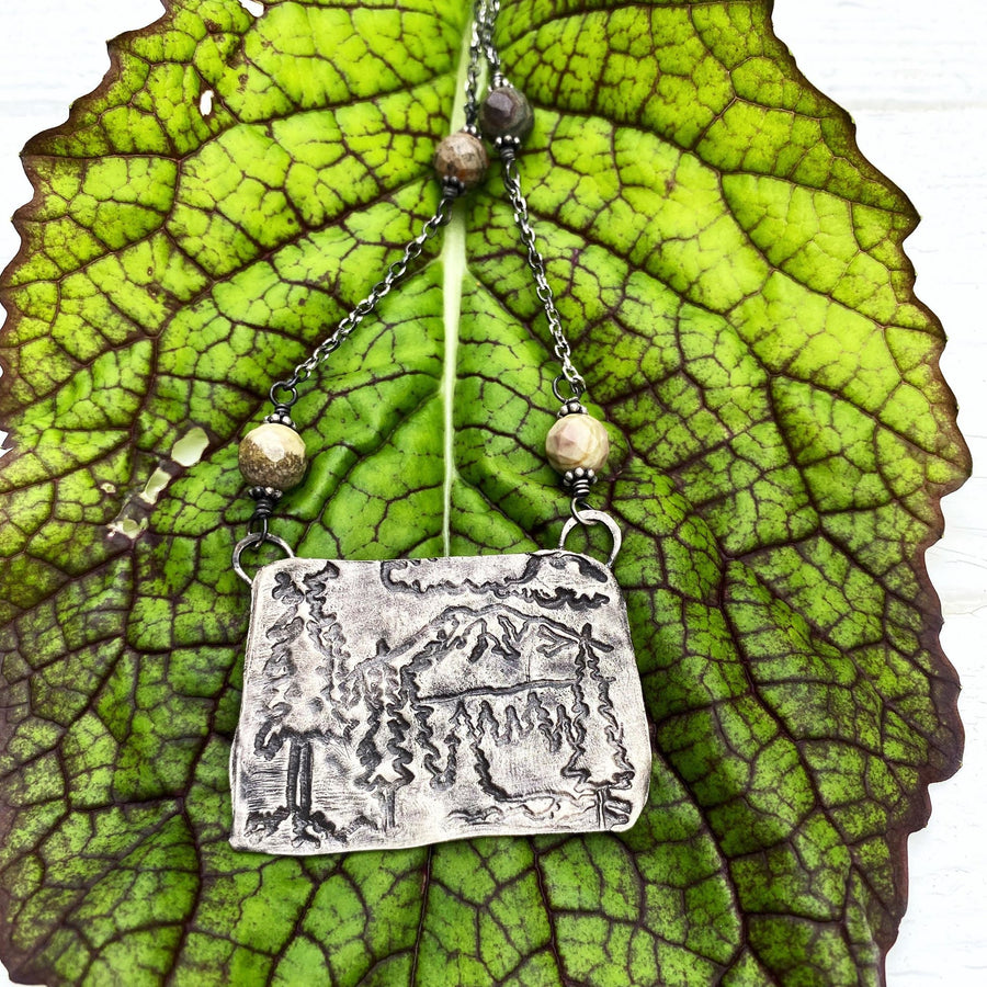 Free Mountain Air - Rustic Fine Silver Mountain Mount Rainier Scene Pendant, Metal Clay with Red Creek Jasper Beads & Recycled Silver