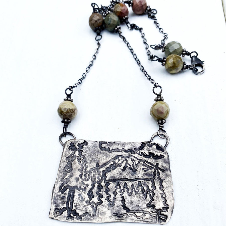 Free Mountain Air - Rustic Fine Silver Mountain Mount Rainier Scene Pendant, Metal Clay with Red Creek Jasper Beads & Recycled Silver