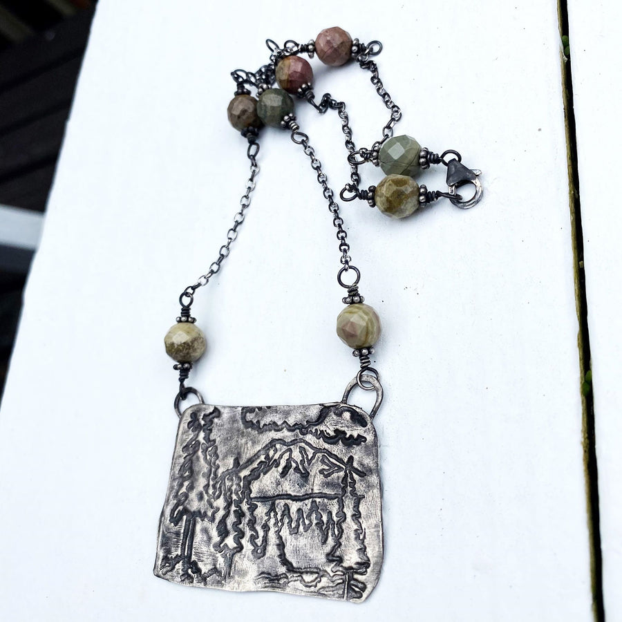 Free Mountain Air - Rustic Fine Silver Mountain Mount Rainier Scene Pendant, Metal Clay with Red Creek Jasper Beads & Recycled Silver