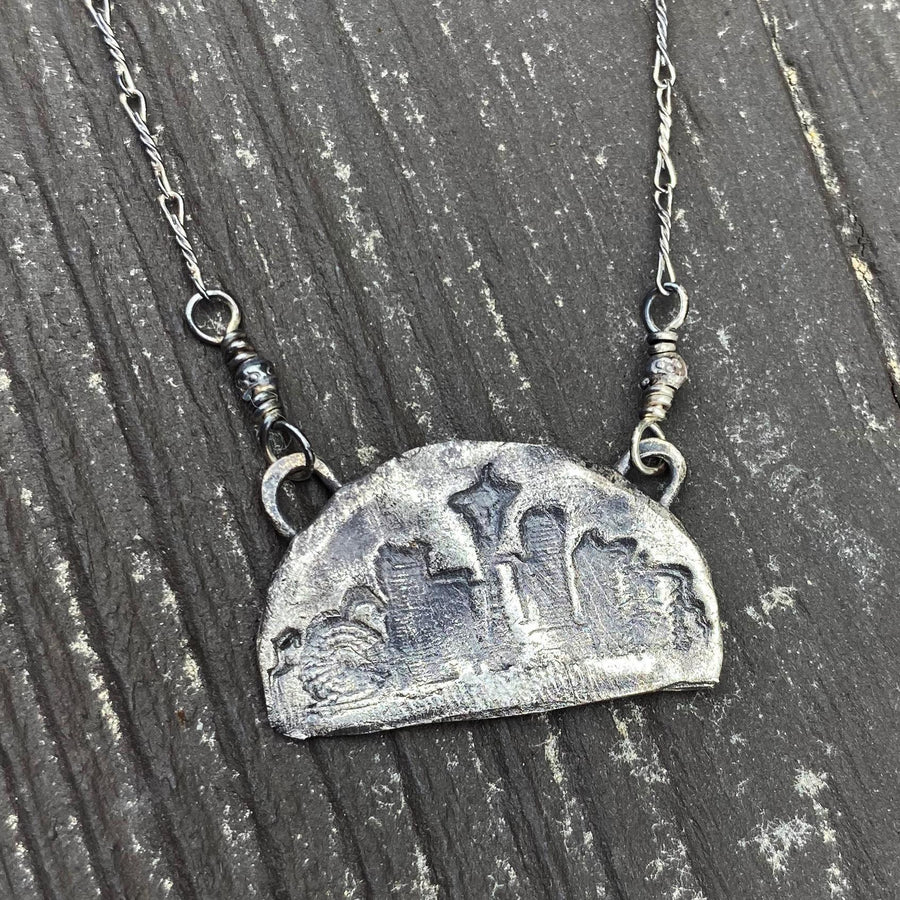 Seattle Skyline Pendant - Emerald City - Rustic Fine Silver City Space Needle Scene Pendant, Metal Clay, Delicate chain & Recycled Silver