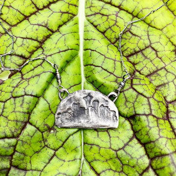 Seattle Skyline Pendant - Emerald City - Rustic Fine Silver City Space Needle Scene Pendant, Metal Clay, Delicate chain & Recycled Silver