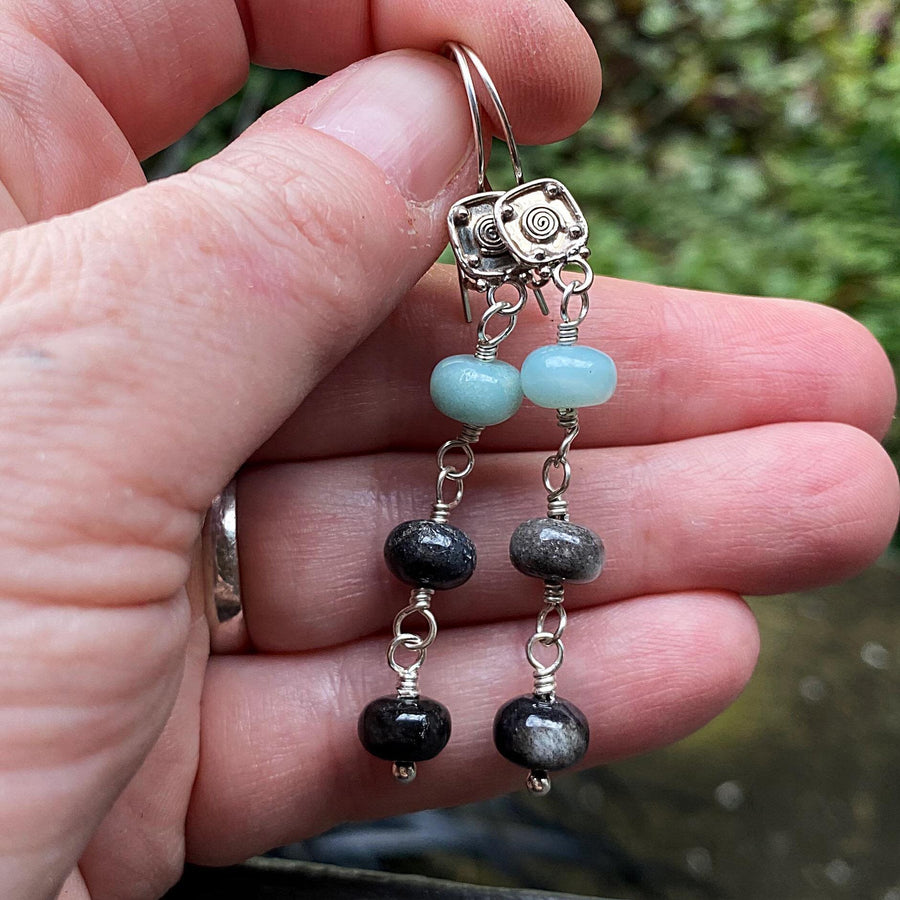 Artisan Sterling Silver & Gray Black and Seafoam Green Amazonite Earrings with Beautiful Bali Silver Leverback Kidney Wire Secure Earrings