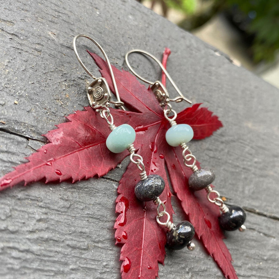 Artisan Sterling Silver & Gray Black and Seafoam Green Amazonite Earrings with Beautiful Bali Silver Leverback Kidney Wire Secure Earrings