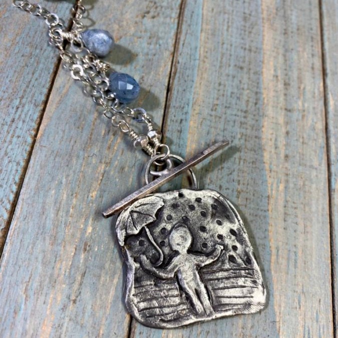 Happy In The Rain - Rustic Fine Silver Rain Umbrella Scene Pendant, Metal Clay with Blue Kyanite Beads & Recycled Silver