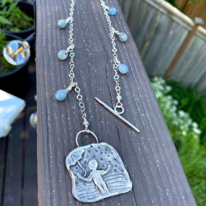 Happy In The Rain - Rustic Fine Silver Rain Umbrella Scene Pendant, Metal Clay with Blue Kyanite Beads & Recycled Silver