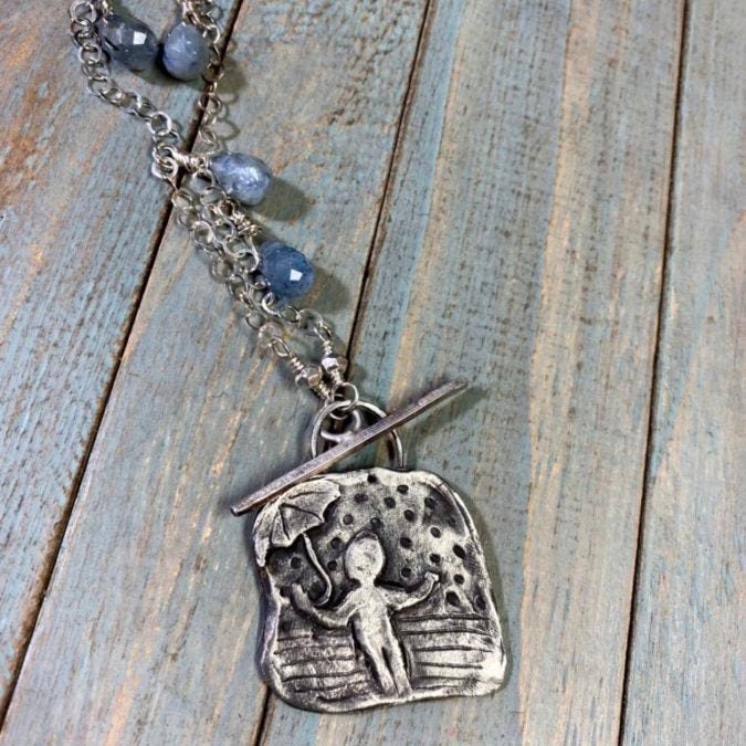 Happy In The Rain - Rustic Fine Silver Rain Umbrella Scene Pendant, Metal Clay with Blue Kyanite Beads & Recycled Silver