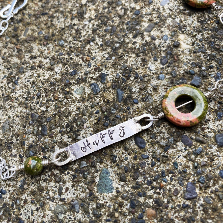 Happy Camper - Artisan Stamped Camping Scene Silver Pendant Necklace, With Green and Pink Unikite, Unique and Uplifting