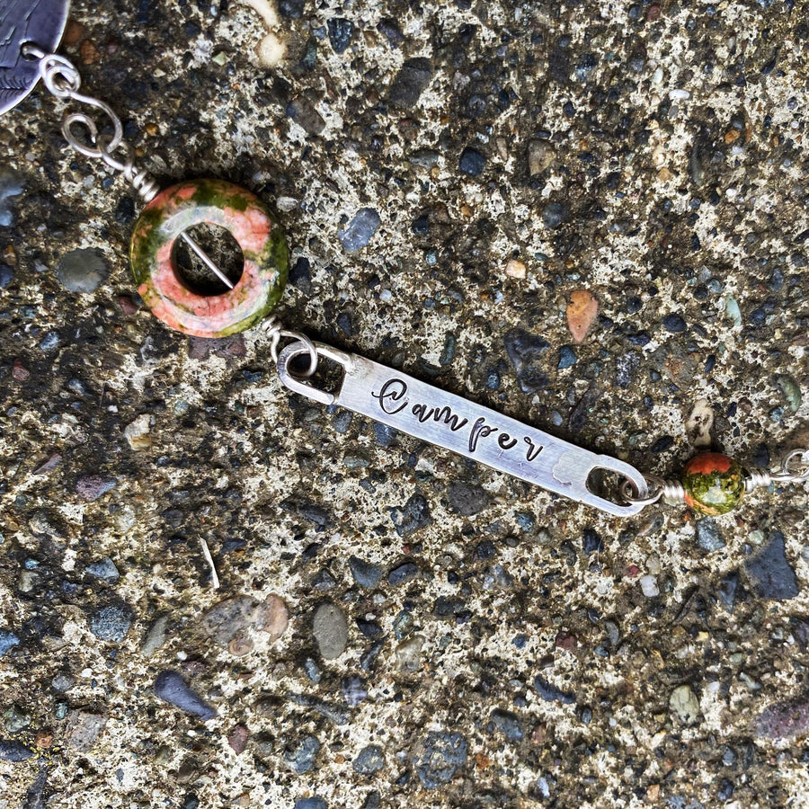 Happy Camper - Artisan Stamped Camping Scene Silver Pendant Necklace, With Green and Pink Unikite, Unique and Uplifting