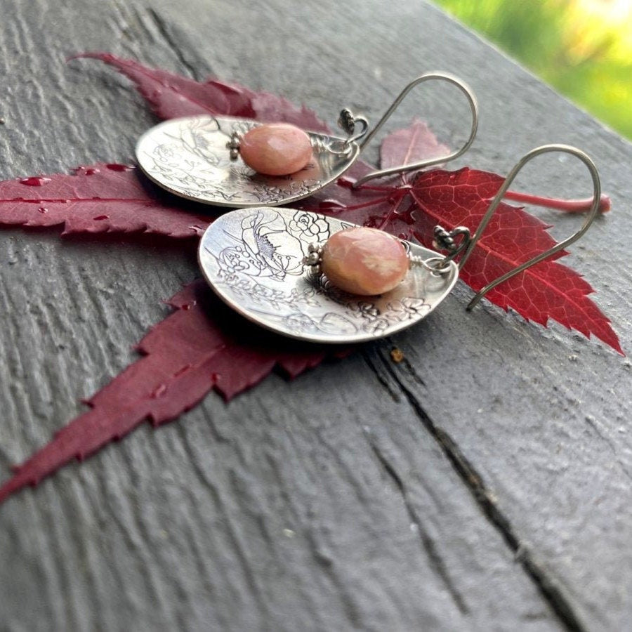 Artisan Sterling Silver Petal & Argentine Rhodocrosite beads with Sterling Earwires Drop Dangle Earrings Beautiful Bali Silver Stamped