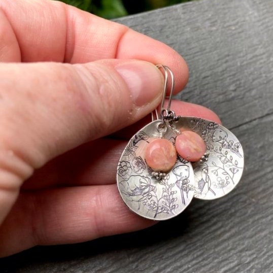 Artisan Sterling Silver Petal & Argentine Rhodocrosite beads with Sterling Earwires Drop Dangle Earrings Beautiful Bali Silver Stamped