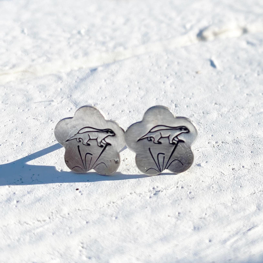 Artisan Sterling Silver Honey Badger Stud Earrings, Minimalist, Rustic, Plant Life, Scalloped Sterling Stud earrings