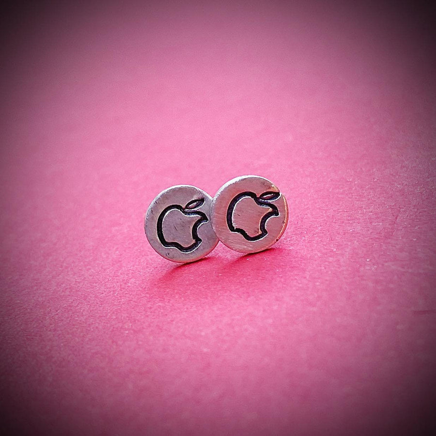 Artisan Sterling Silver Petite Apple Earrings, Bitten Apple Studs, Minimalist Computer lover, sterling stud Nerd or Programmer earrings