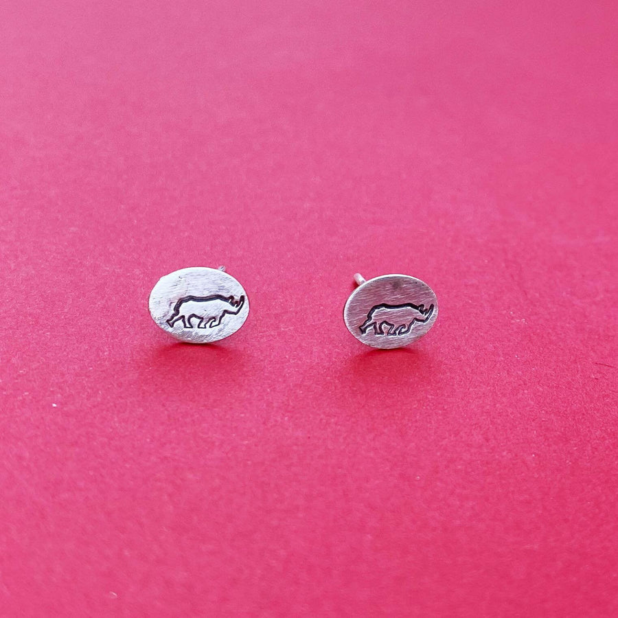 Artisan Sterling Silver Rhino Earrings, Minimalist, Rustic, Unicorn, Oval Sterling Stud earrings