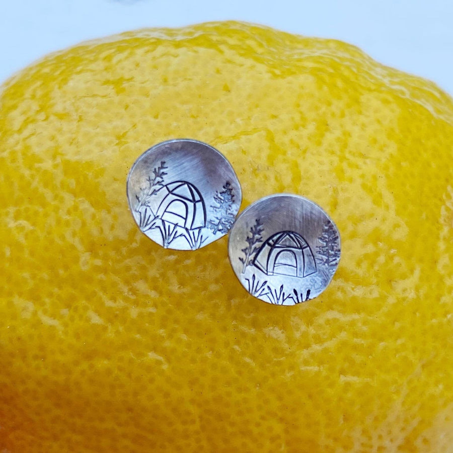 Artisan Sterling Silver Dome Tent Stud Earrings, Minimalist, Rustic, Camping, Wilderness, Get Lost, Dome Tent Curved Earrings