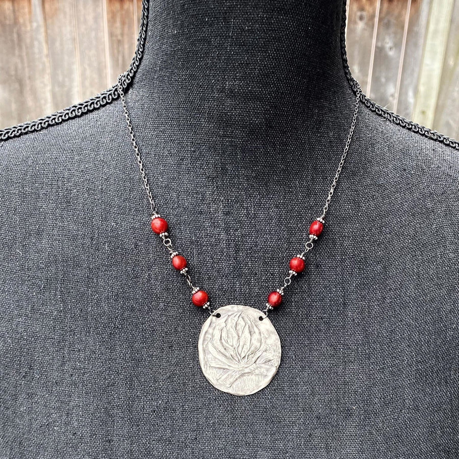 Find Your Fire - Rustic Fine Silver Fire or Campfire Pendant, Camp Fire, hand carved, Metal Clay, Red Pearls and Recycled Silver