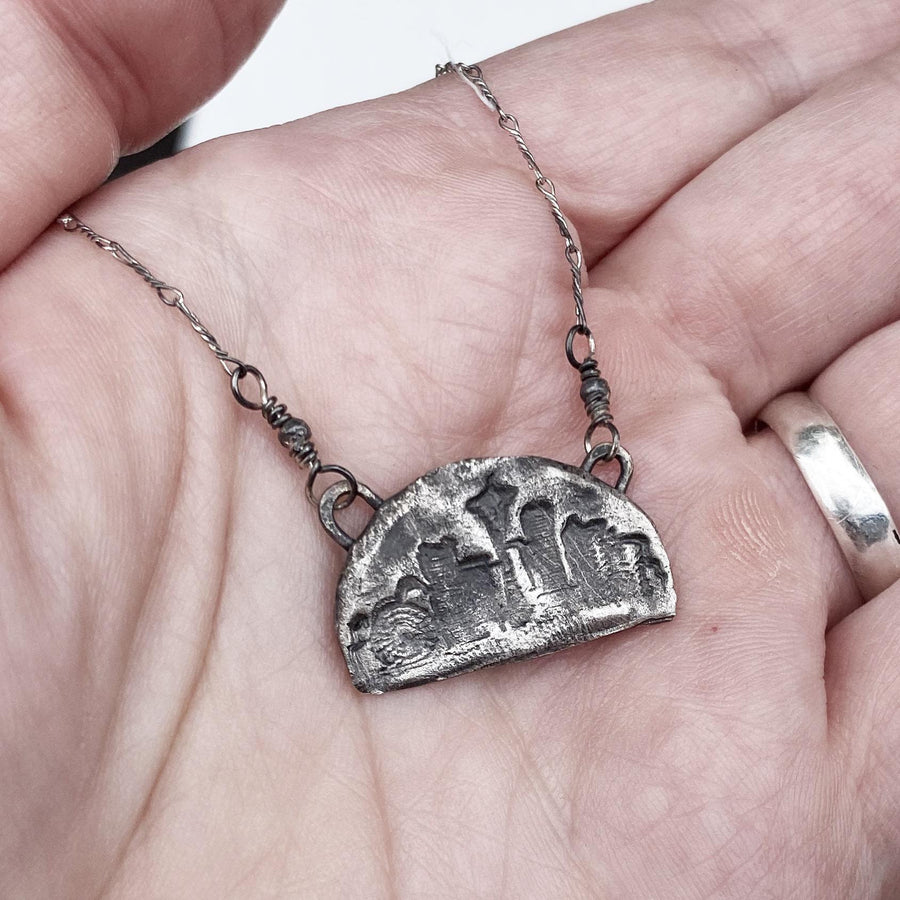 Seattle Skyline Pendant - Emerald City - Rustic Fine Silver City Space Needle Scene Pendant, Metal Clay, Delicate chain & Recycled Silver