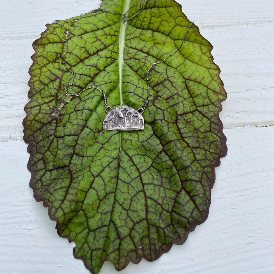 Seattle Skyline Pendant - Emerald City - Rustic Fine Silver City Space Needle Scene Pendant, Metal Clay, Delicate chain & Recycled Silver