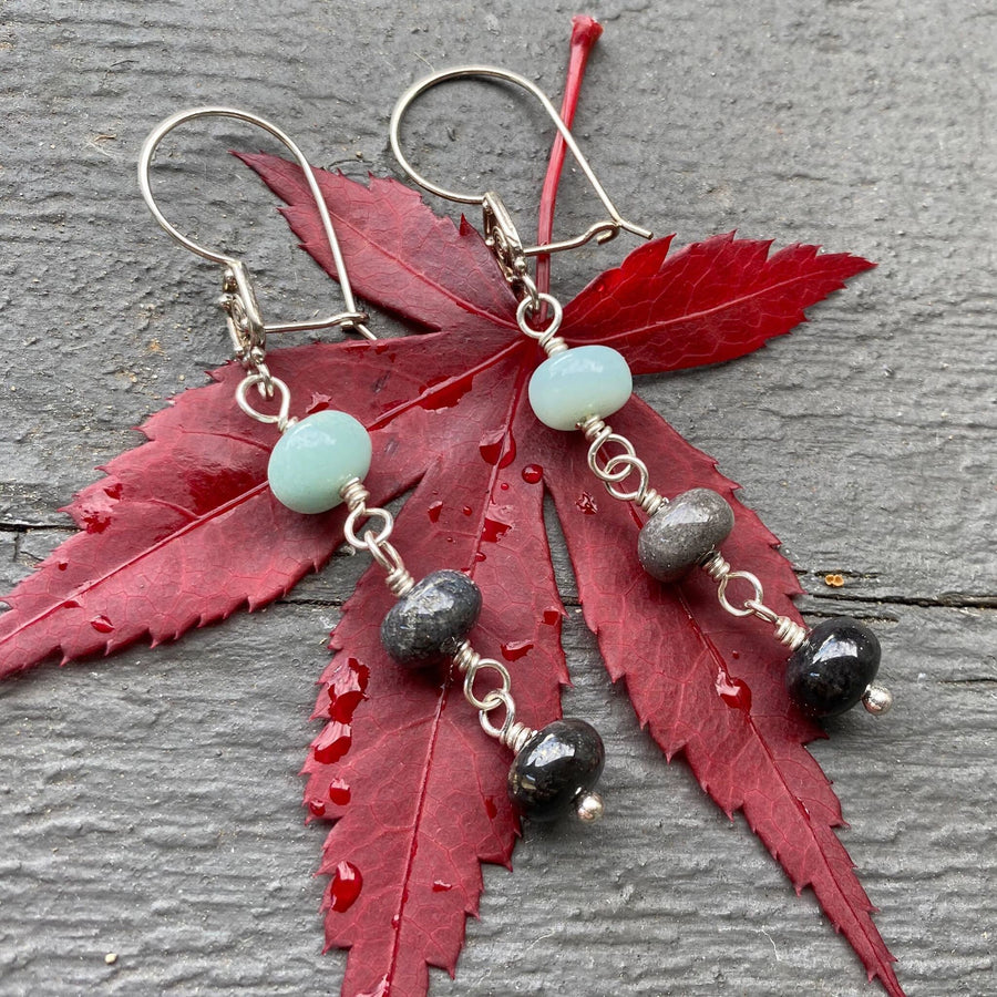 Artisan Sterling Silver & Gray Black and Seafoam Green Amazonite Earrings with Beautiful Bali Silver Leverback Kidney Wire Secure Earrings