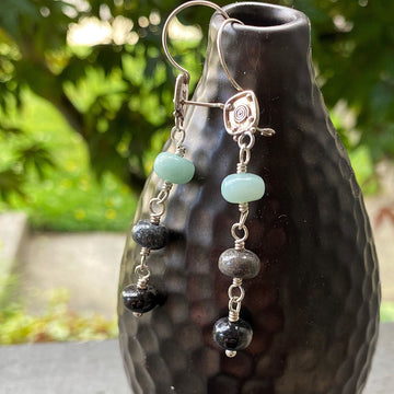 Artisan Sterling Silver & Gray Black and Seafoam Green Amazonite Earrings with Beautiful Bali Silver Leverback Kidney Wire Secure Earrings